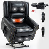 Black genuine leather power lift recliner chair with heat and massage functions, dual motor, USB ports, and remote control, reclining up to 180 degrees.