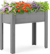 Grey solid wood raised garden bed with legs, elevated planter box for flowers, vegetables, and herbs.
