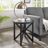 modern simple glass coffee table with round tempered glass top and black solid wood base in living room