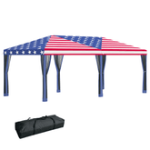 Patriotic 10x20 pop-up canopy tent with American flag design, mesh sidewalls, steel frame, and carrying bag for outdoor gatherings
