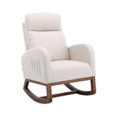 COOLMORE modern beige linen rocking chair with solid wood legs and side pocket for living room and nursery
