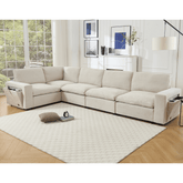 Beige L-shaped sectional couch for living room with soft linen fabric, wireless charging ports, cup holders, and book storage space.