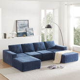 Luxurious navy chenille modular U-shape sectional sofa with ottomans, seating six, in a modern living room.
