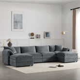 136-inch dark gray chenille modular sectional sofa with deep seats, double cushions, removable ottomans, and armrest pillows in a modern living room setting