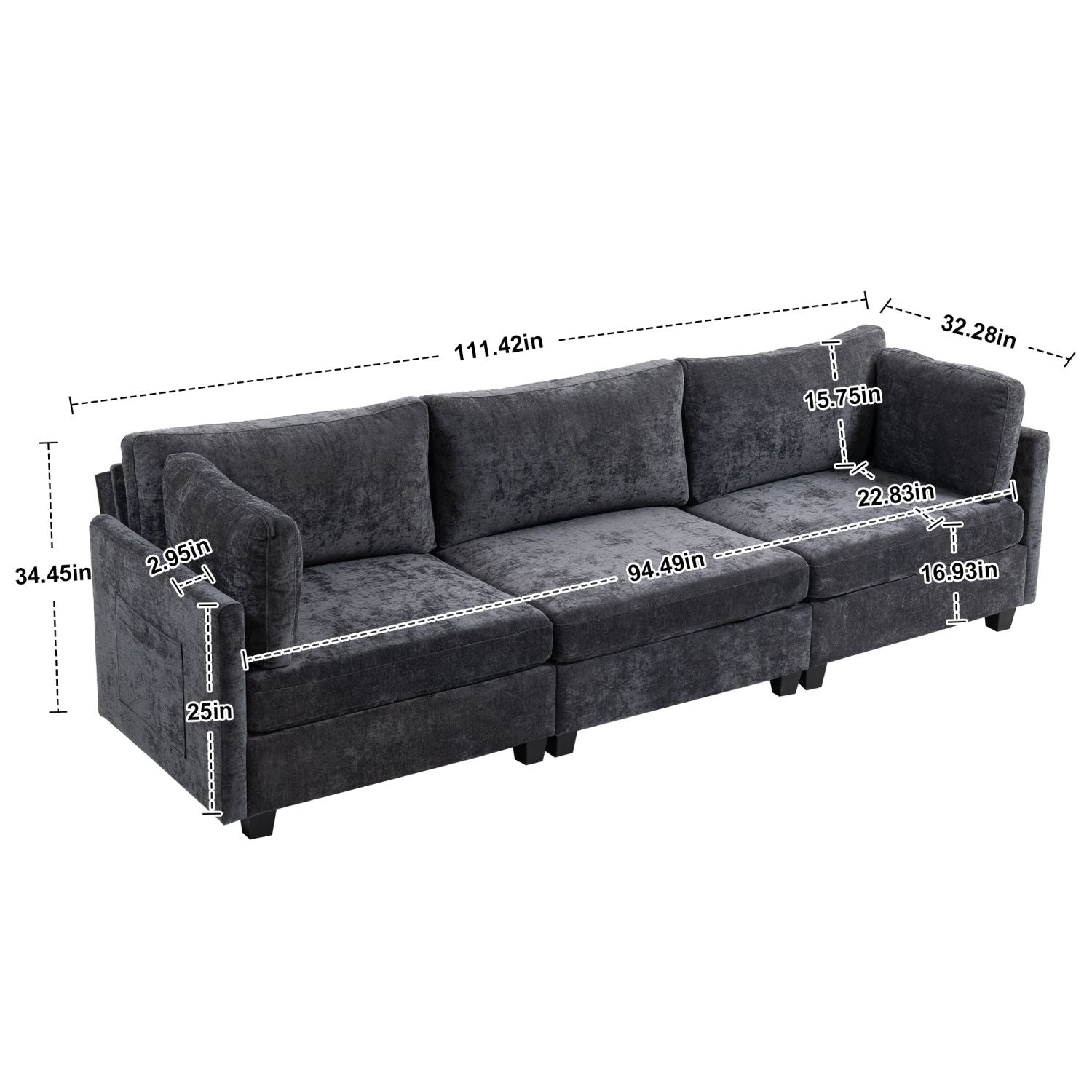 Dark grey ultra-soft XXXL 3-seater chenille sofa with plush cushions and side pocket, modern minimalist design with wooden frame and flared arms.