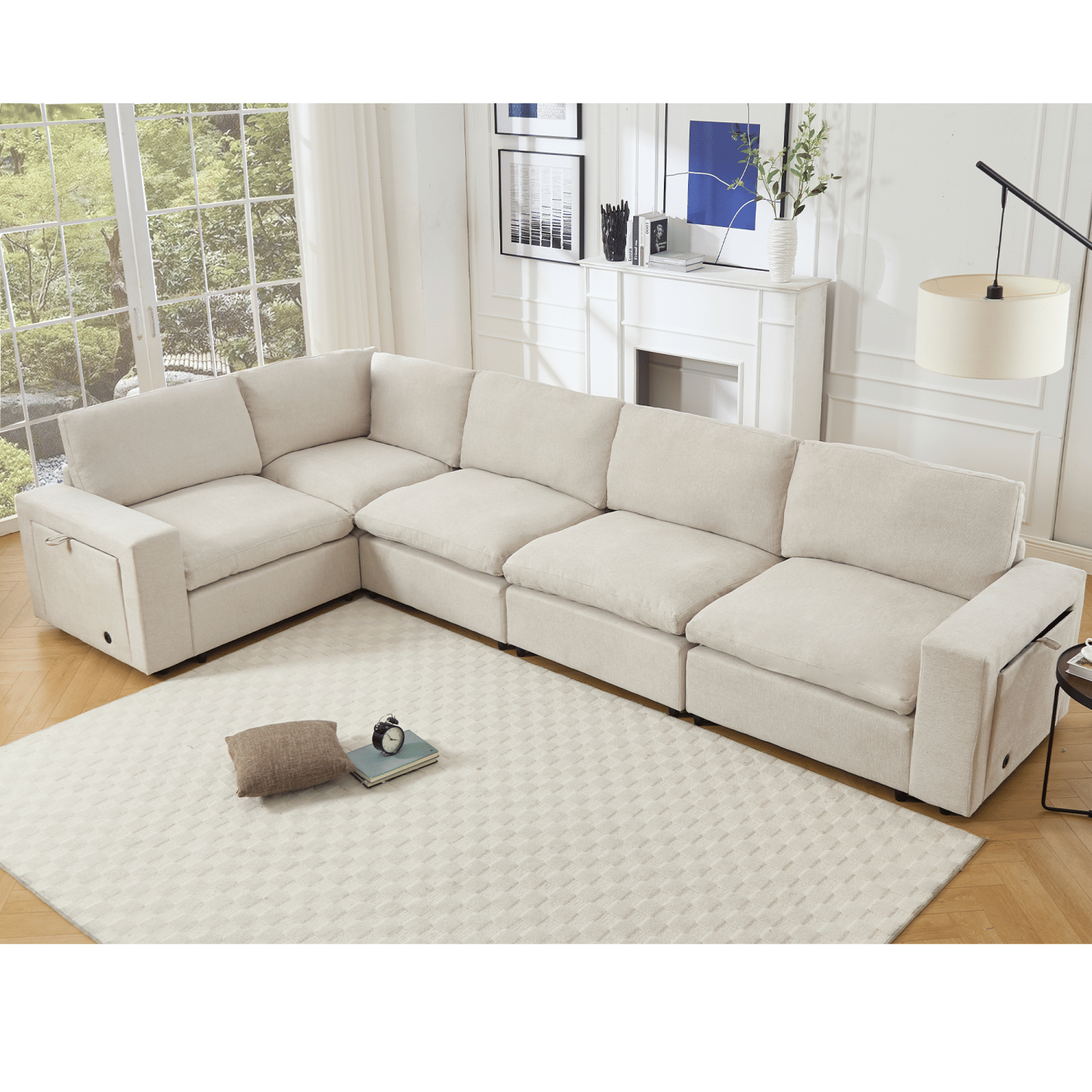 Beige 5-seat modular sectional couch for living room with soft linen fabric, wireless charging ports, cup holders, and built-in book storage space.
