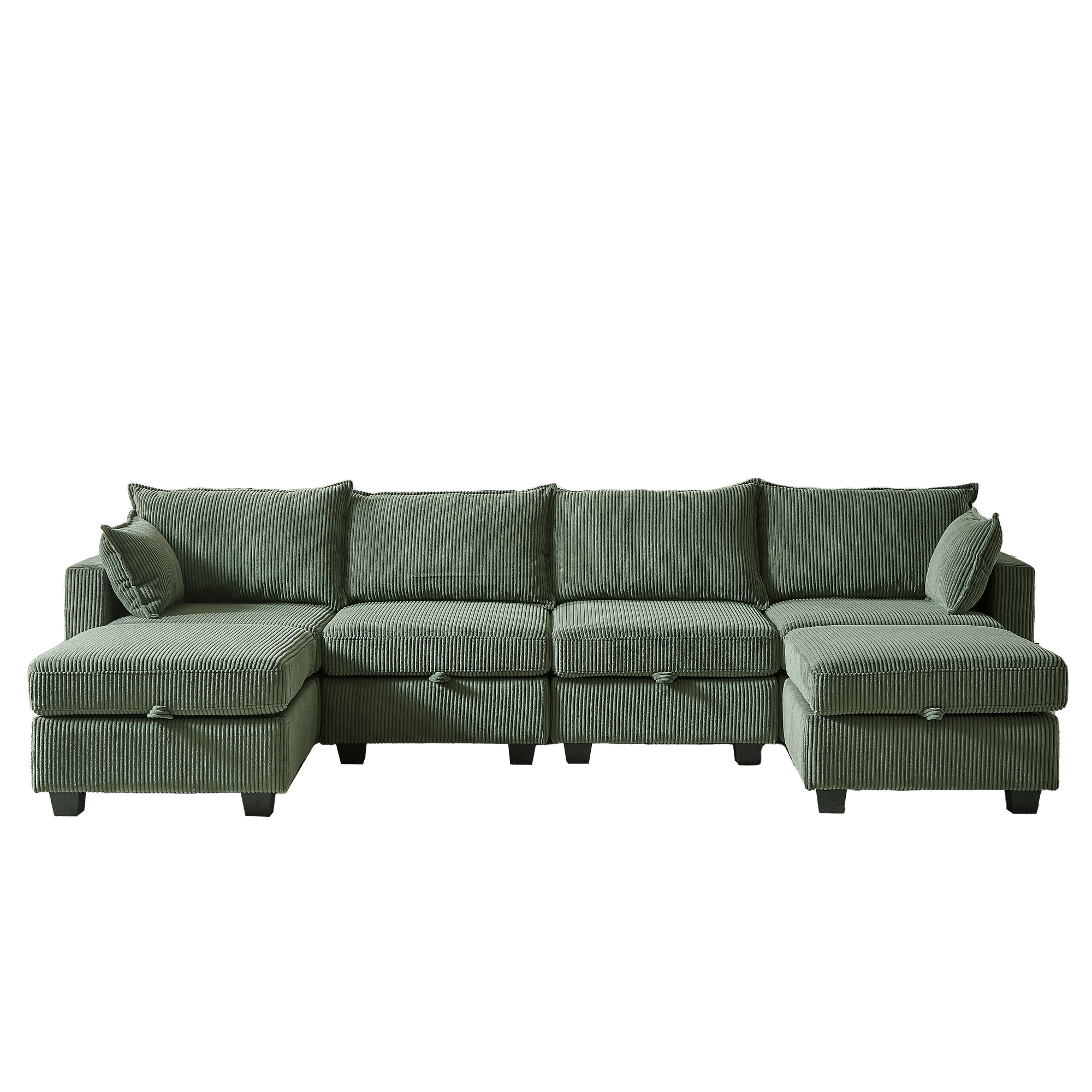 Green modular sectional sofa in corduroy fabric with six seats and storage ottoman, U-shaped design with chaise and convertible features for living room.