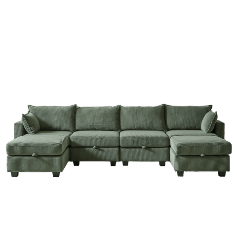 Green modular sectional sofa in corduroy fabric with six seats and storage ottoman, U-shaped design with chaise and convertible features for living room.