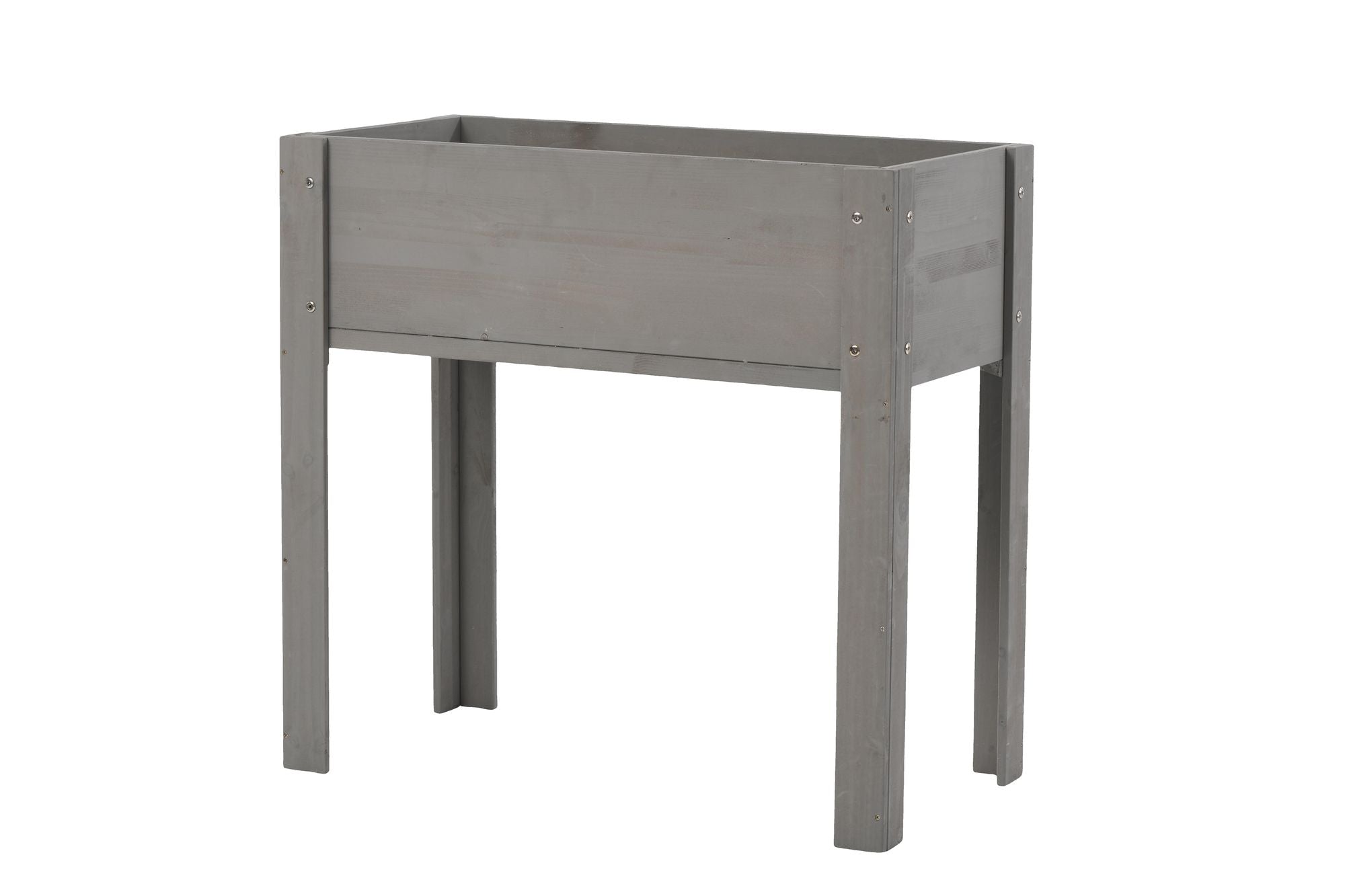 Grey solid wood raised garden bed with legs, elevated planter box for outdoor herbs and vegetables