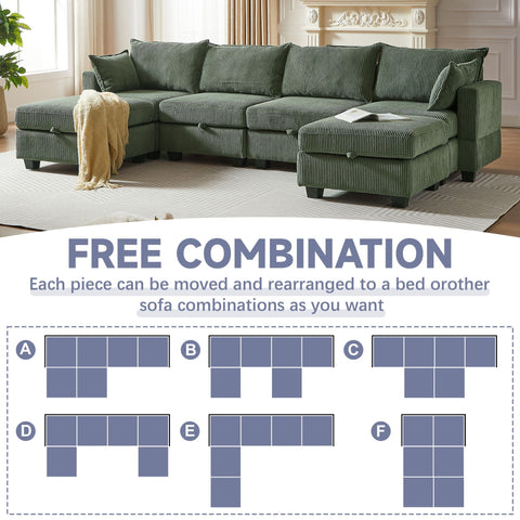 Green corduroy modular sectional sofa with chaise and storage ottoman, six-seat U-shaped convertible couch for living room with customizable configurations