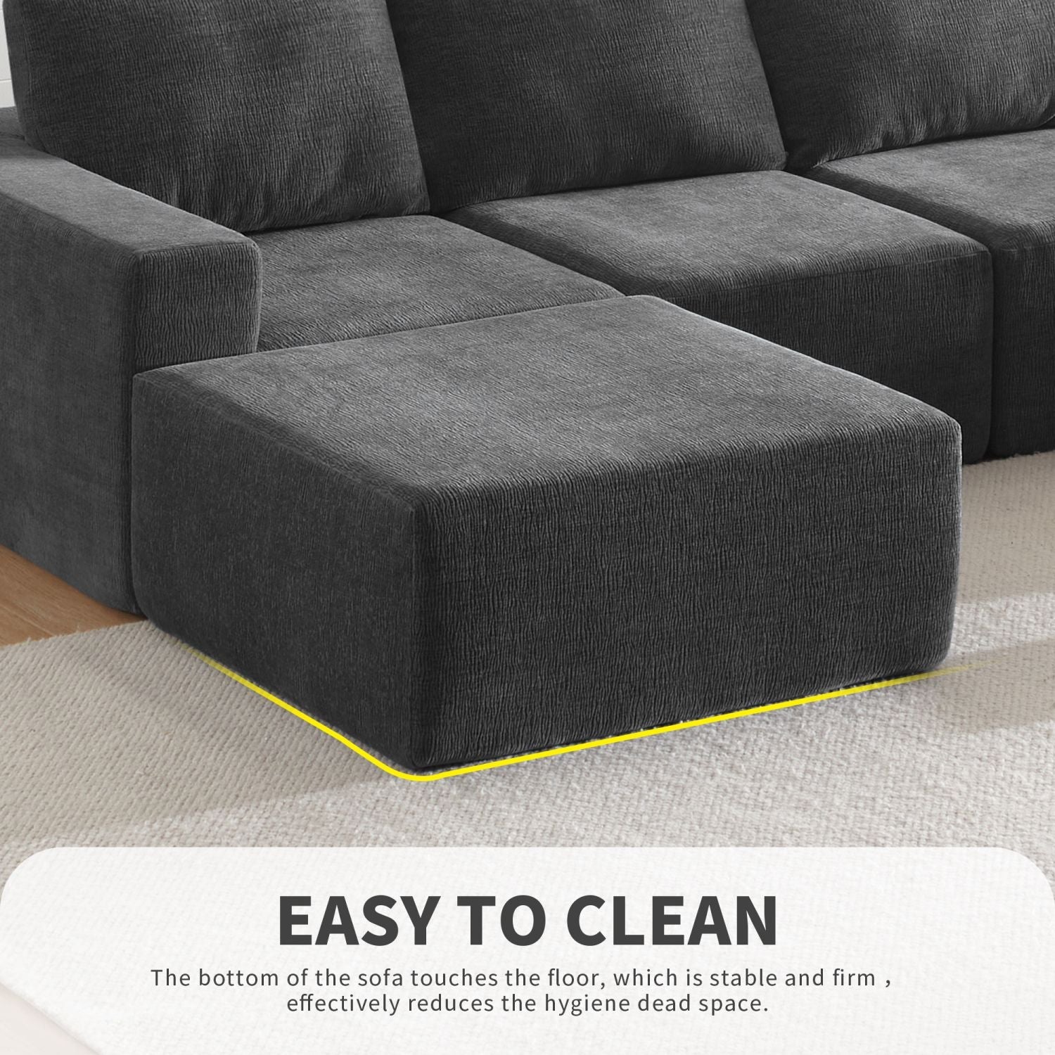 Dark gray luxury modular U-shaped chenille sectional sofa with ottoman, spacious 6-seat design, no assembly required, modern minimalist style.