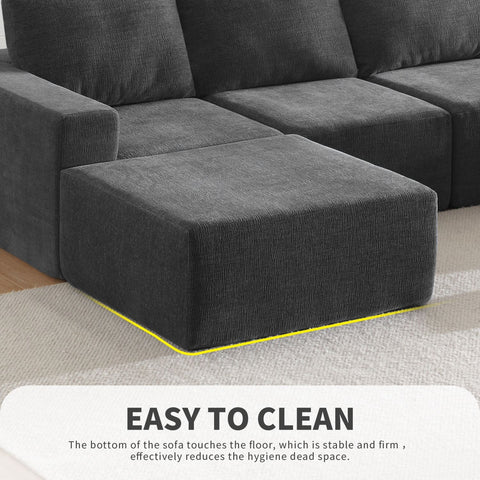 Dark gray luxury modular U-shaped chenille sectional sofa with ottoman, spacious 6-seat design, no assembly required, modern minimalist style.