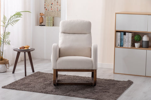 Beige COOLMORE Rocking Chair with wood legs and high back, modern glider recliner armchair in a living room setting.