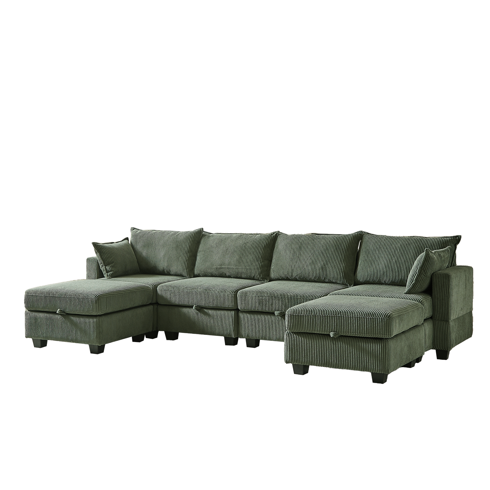 Green corduroy modular sectional sofa with chaise and storage ottoman, 6-seat U-shaped convertible couch for living room.