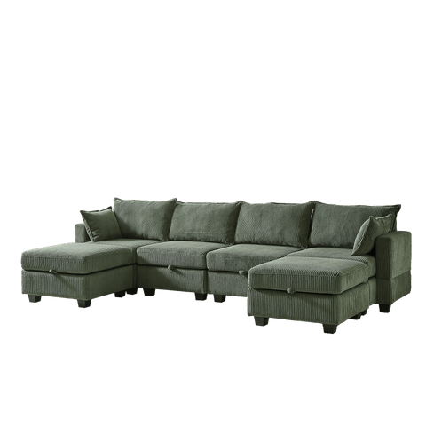 Green corduroy modular sectional sofa with chaise and storage ottoman, 6-seat U-shaped convertible couch for living room.