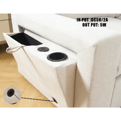 Beige sectional couch for living room with soft linen fabric, built-in wireless charging port, cup holder, and hidden book storage space on armrest.