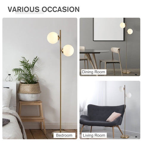 HOMCOM decorative floor lamp with two white glass globe shades and gold metal body, shown in bedroom, dining room, and living room settings
