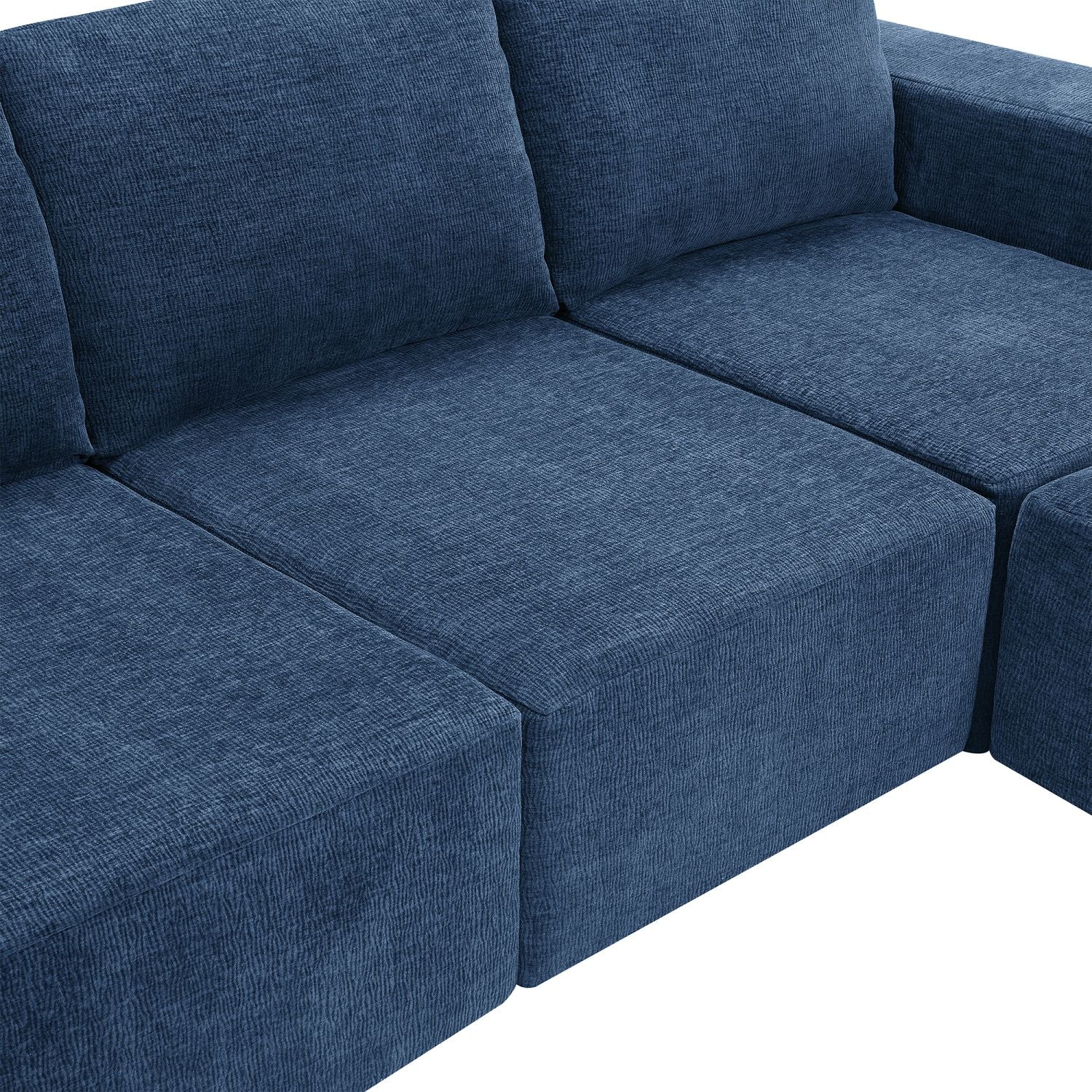 Navy blue luxury modular U-shaped chenille sectional sofa with plush cushions and square arms
