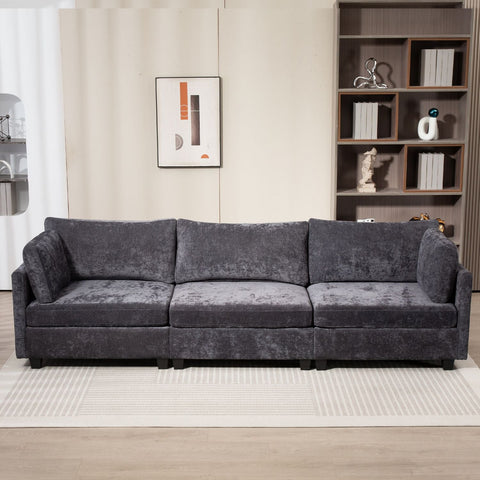 Ultra-soft dark grey XXXL chenille fabric 3-seater sofa with plush cushions and side pocket in modern living room setting