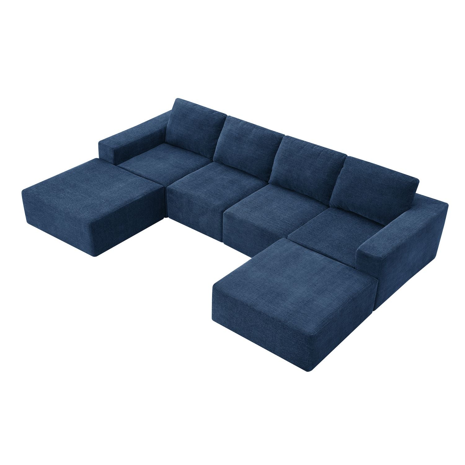 Navy blue luxury modular U-shaped chenille sectional sofa with ottomans, seating six, minimalist design, foam and spring support cushions, no assembly required.