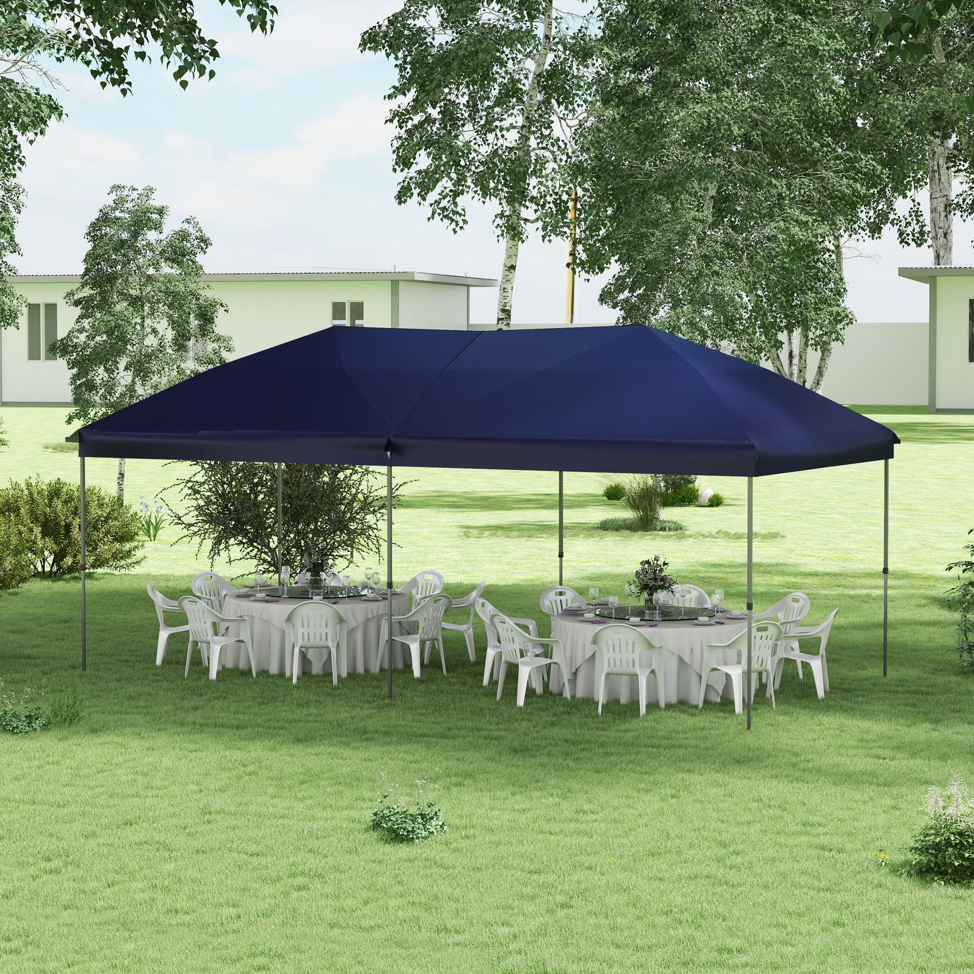 Blue Outsunny pop up canopy with steel frame and adjustable legs set up outdoors over tables and chairs for shade at an event