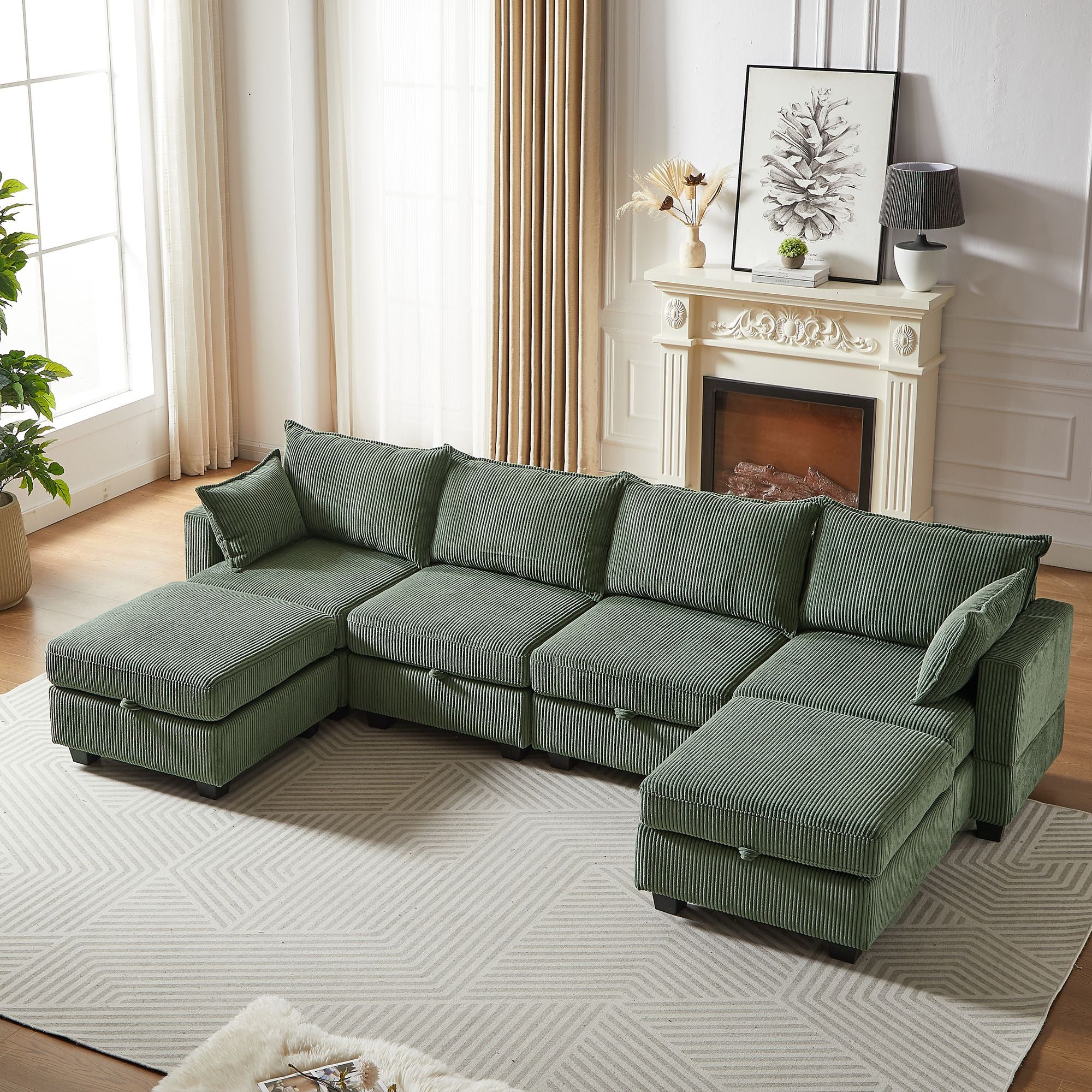 Green modular sectional sofa with corduroy fabric, U-shaped design, storage ottoman, chaise, and 6 seats in living room setting