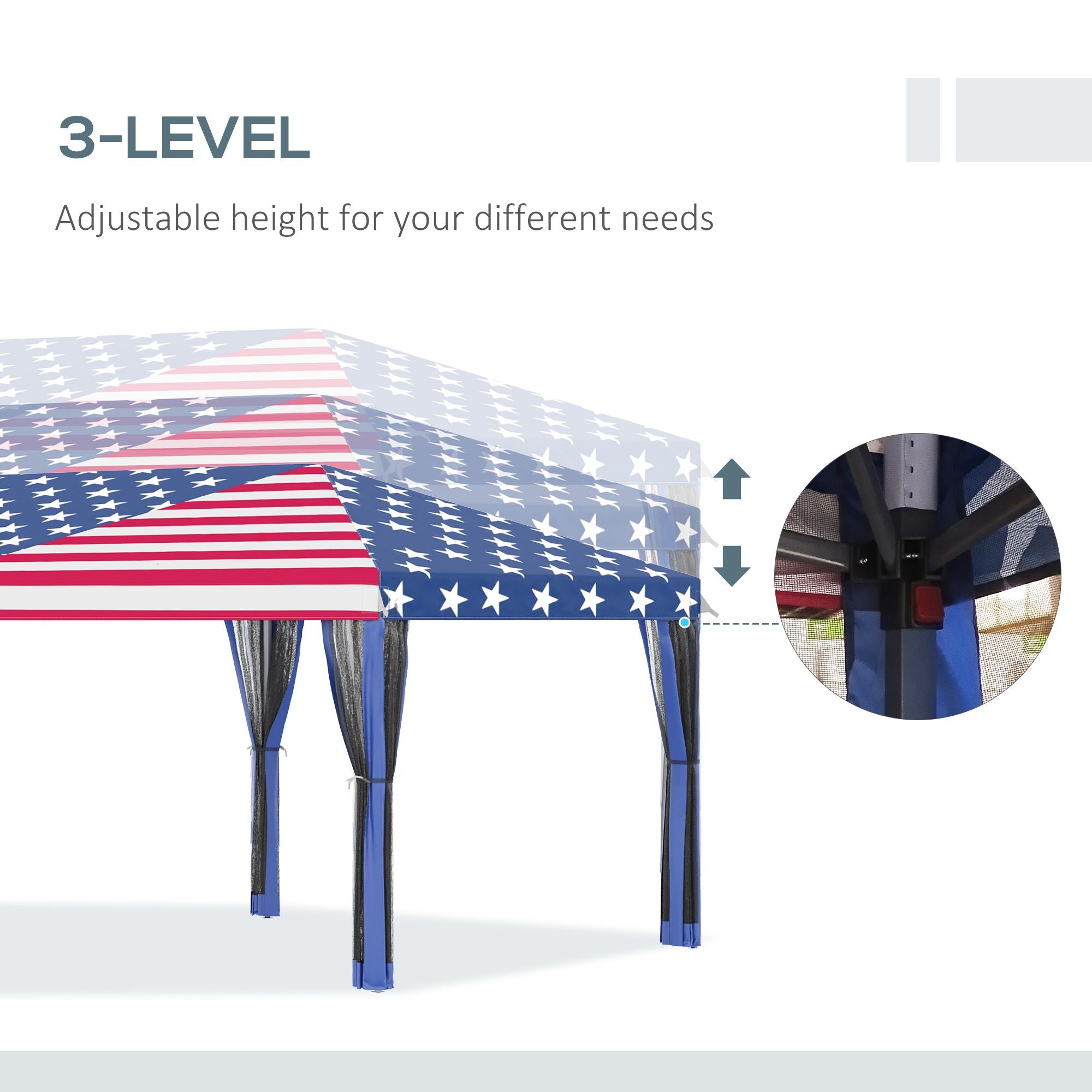 Patriotic 10x20 pop-up canopy tent with adjustable height, American flag design, mesh sidewalls, and sturdy steel frame for outdoor gatherings.