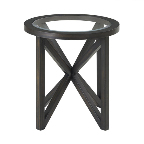 Modern simple glass coffee table with round tempered glass top and dark wood base