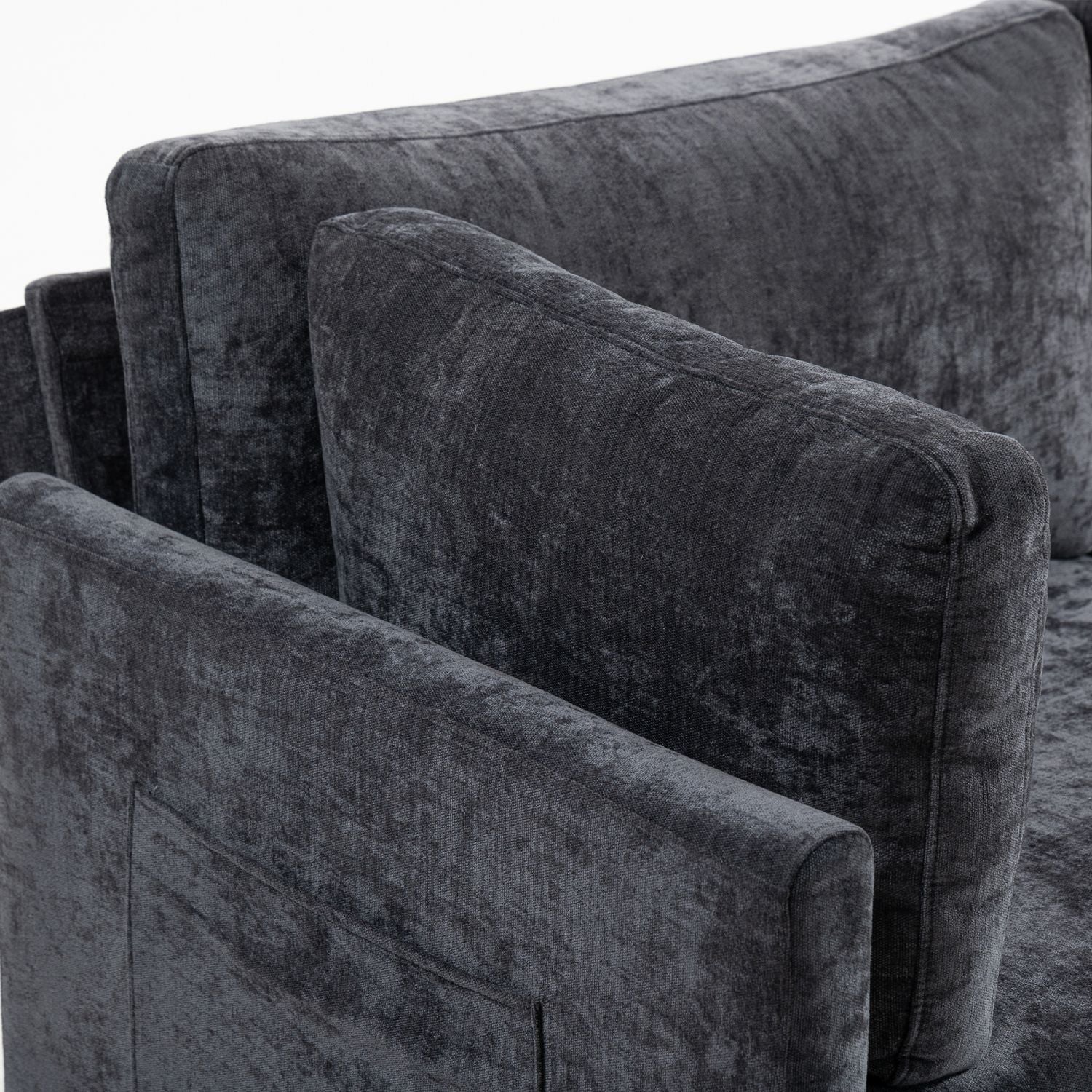 Dark grey ultra-soft XXXL 3-seater chenille sofa with plush cushions and side pocket for storage
