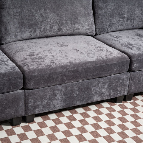 Ultra-soft dark grey XXXL 3-seater chenille sofa with plush cushions and black legs on checkered floor