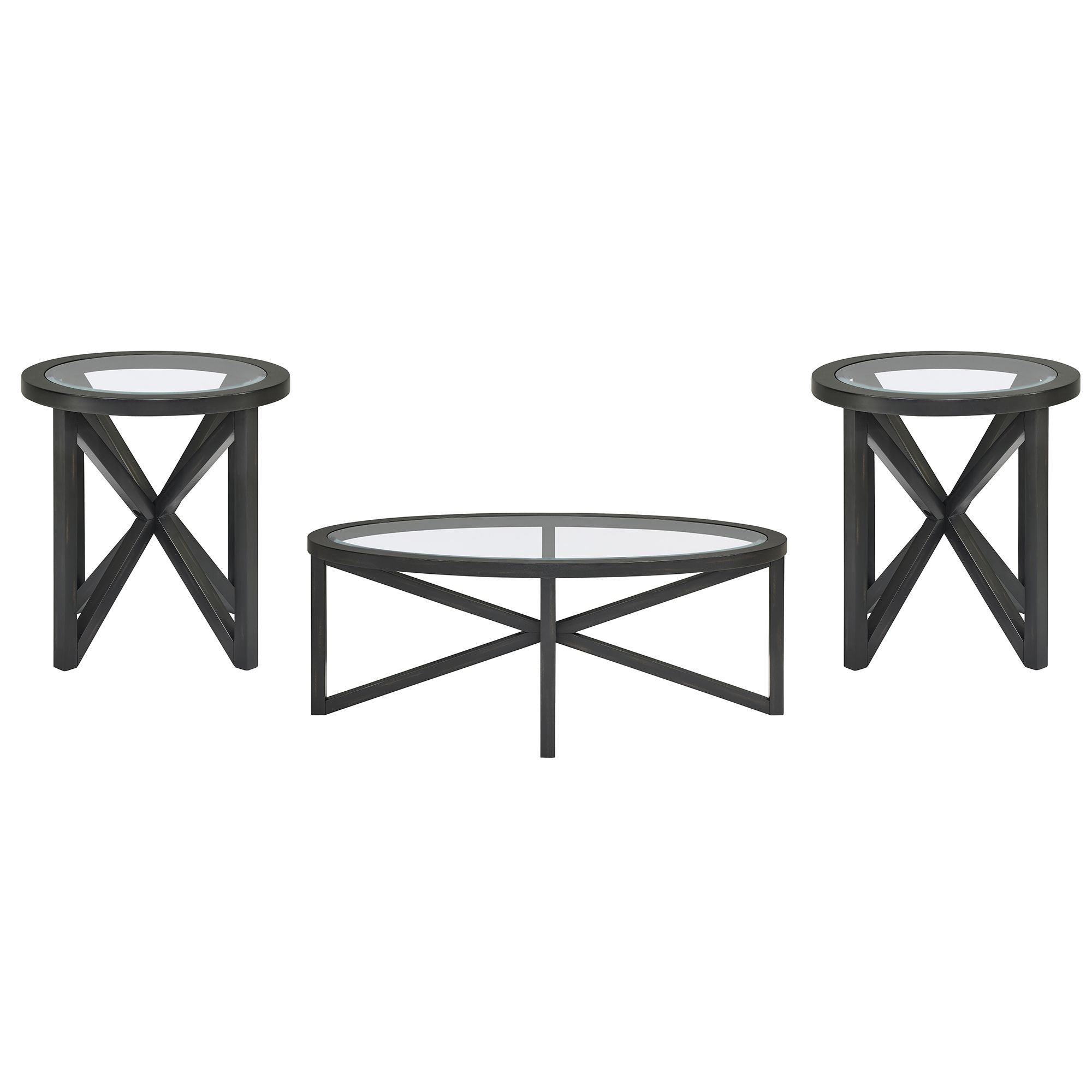 Modern simple glass coffee table set with round tempered glass tops and black solid wood bases for living room or study.