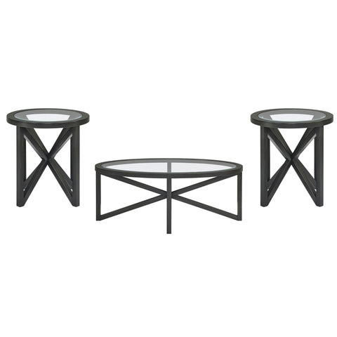 Modern simple glass coffee table set with round tempered glass tops and black solid wood bases for living room or study.