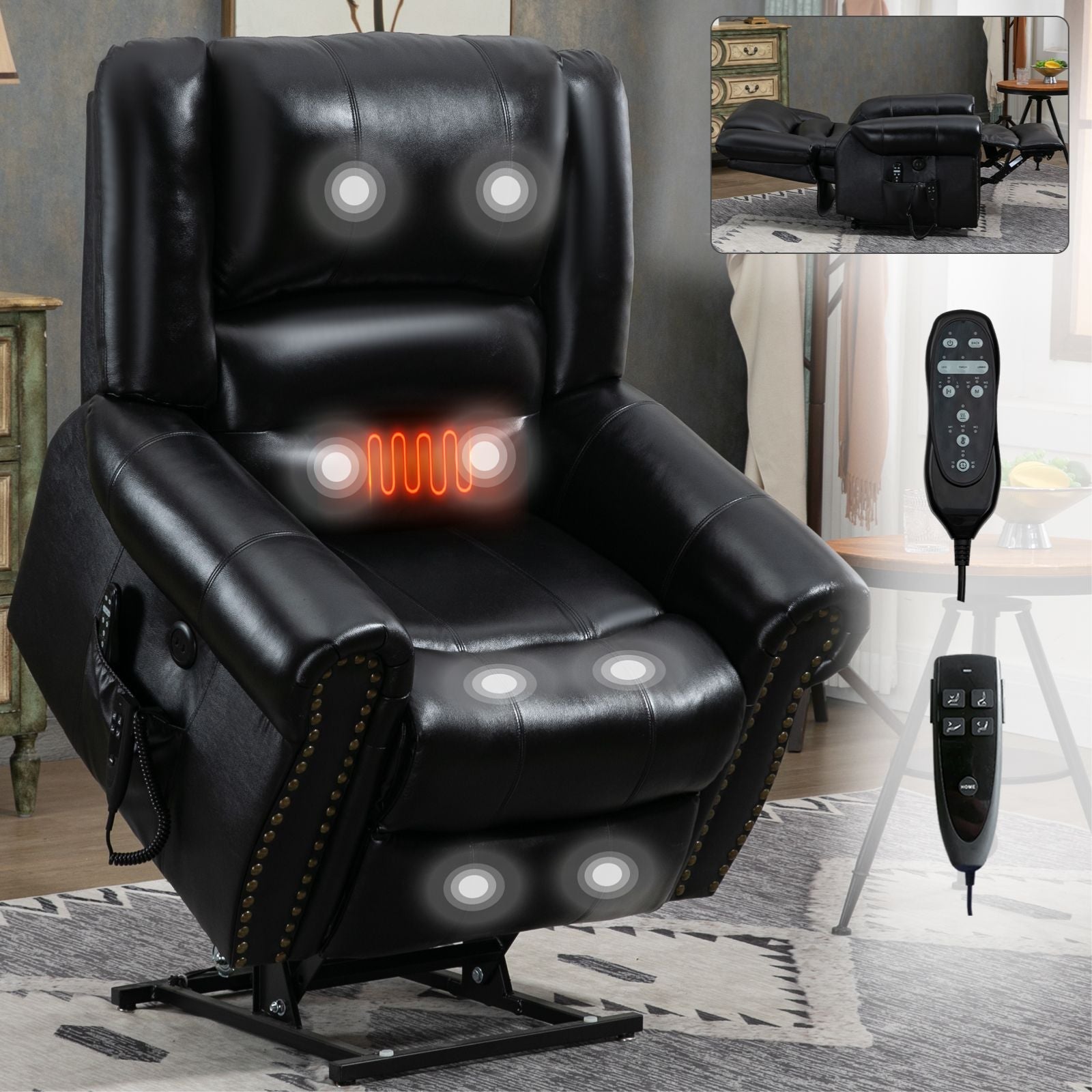 Black genuine leather power lift recliner chair with dual motor, massage and heat functions, USB ports, pillow back and arms, heavy duty frame, and remote control.