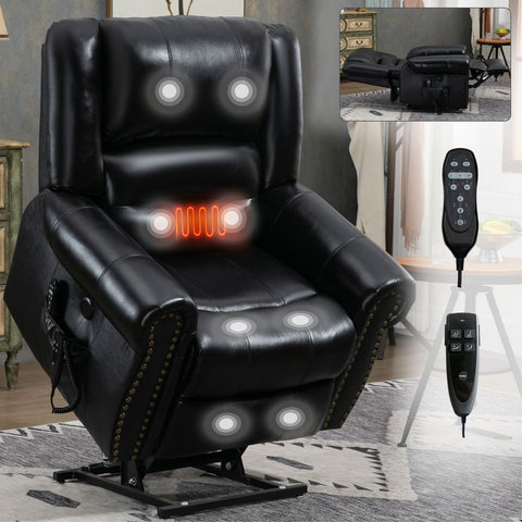 Black genuine leather power lift recliner chair with dual motor, massage and heat functions, USB ports, pillow back and arms, heavy duty frame, and remote control.