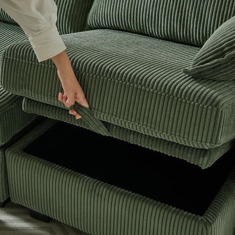 Green corduroy modular sectional sofa with storage ottoman and six seats in living room setup