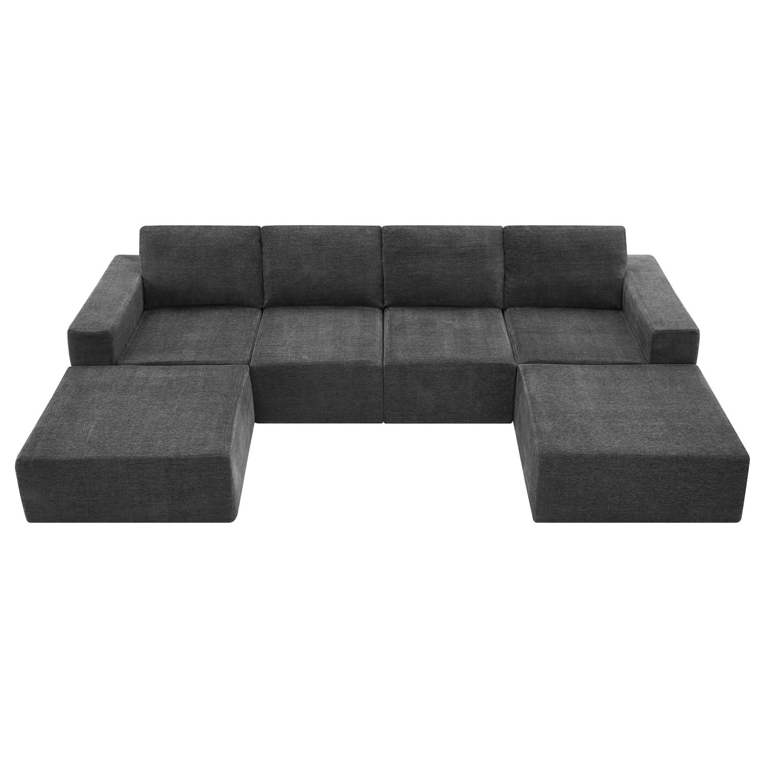 Luxury modular U-shaped sectional sofa in dark gray chenille fabric with ottomans, seating six, no assembly required.
