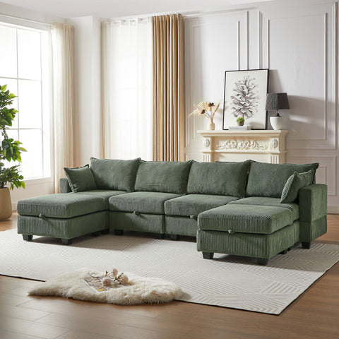 Green corduroy modular sectional sofa with chaise and storage ottoman in a bright living room