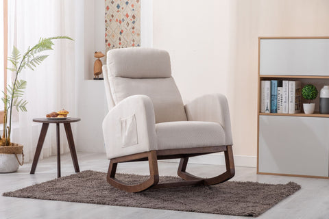 Beige linen COOLMORE rocking chair with wood legs and side pocket in modern living room setting