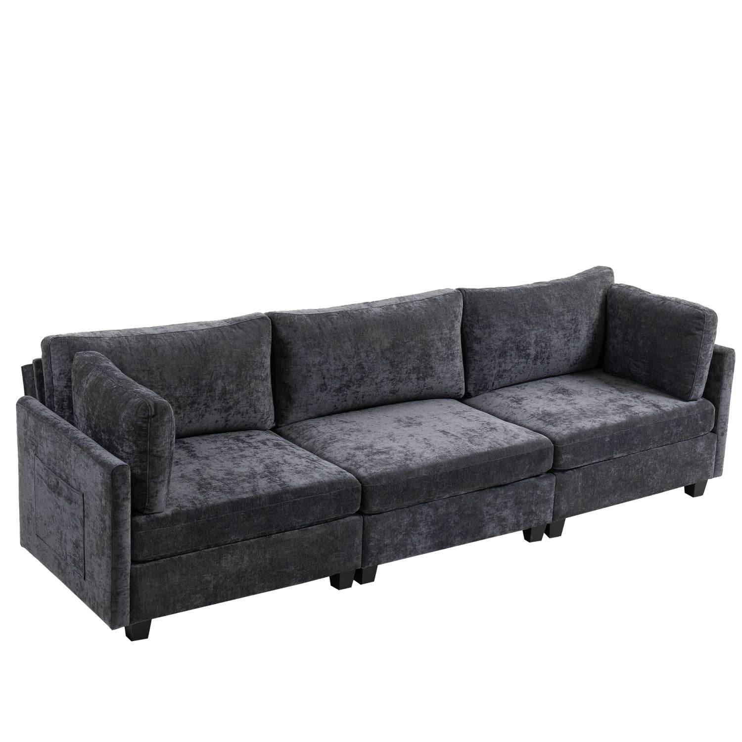 Dark grey ultra-soft XXXL 3-seater chenille sofa with pillow back and flared arms for maximum comfort and side storage pocket