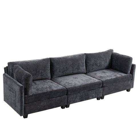 Dark grey ultra-soft XXXL 3-seater chenille sofa with pillow back and flared arms for maximum comfort and side storage pocket