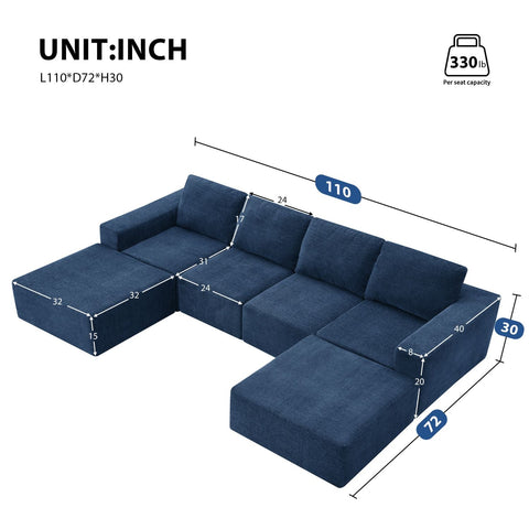 Navy blue luxury modular U-shaped chenille sectional sofa with ottomans, 110x72 inches, seating six, with foam and spring cushions.