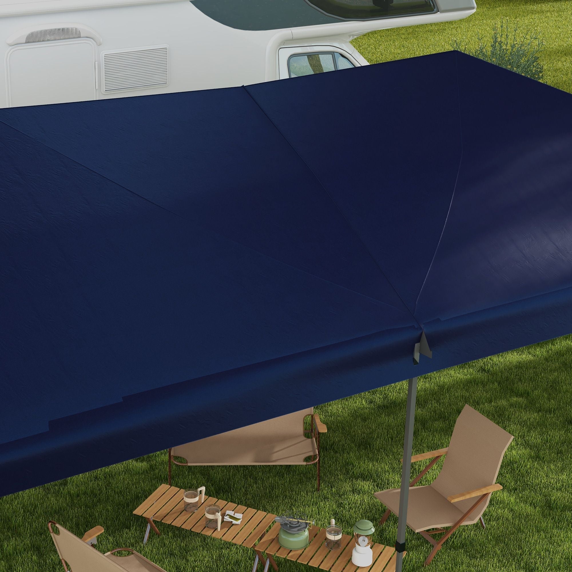 Outsunny blue 10x19 feet pop up canopy with steel frame and adjustable height, set up outdoors over picnic chairs and table