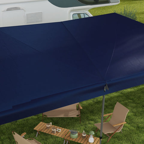 Outsunny blue 10x19 feet pop up canopy with steel frame and adjustable height, set up outdoors over picnic chairs and table