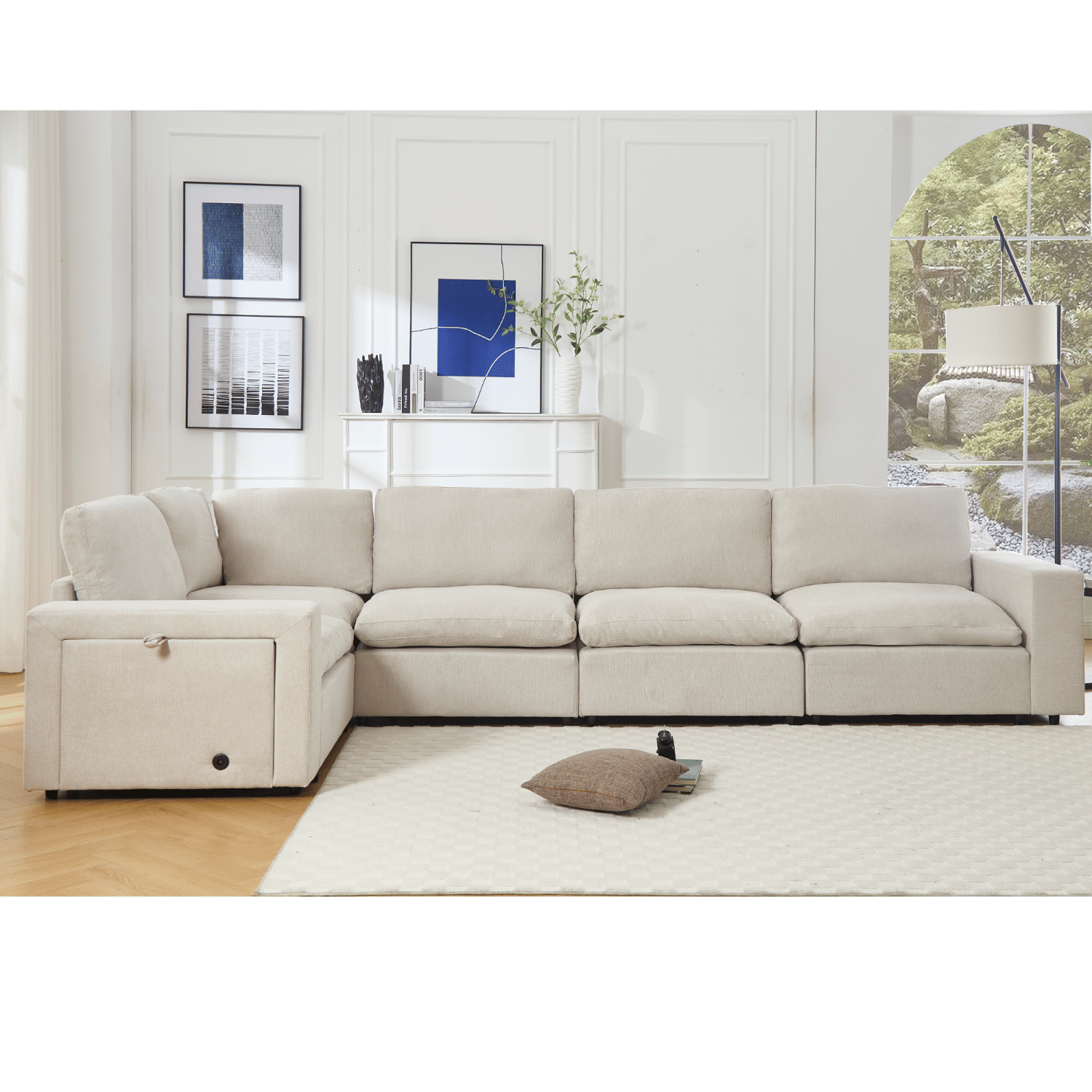 Beige modular sectional couch with wireless charging ports, cup holders, book storage, soft linen fabric, and L-shaped design for living room seating.