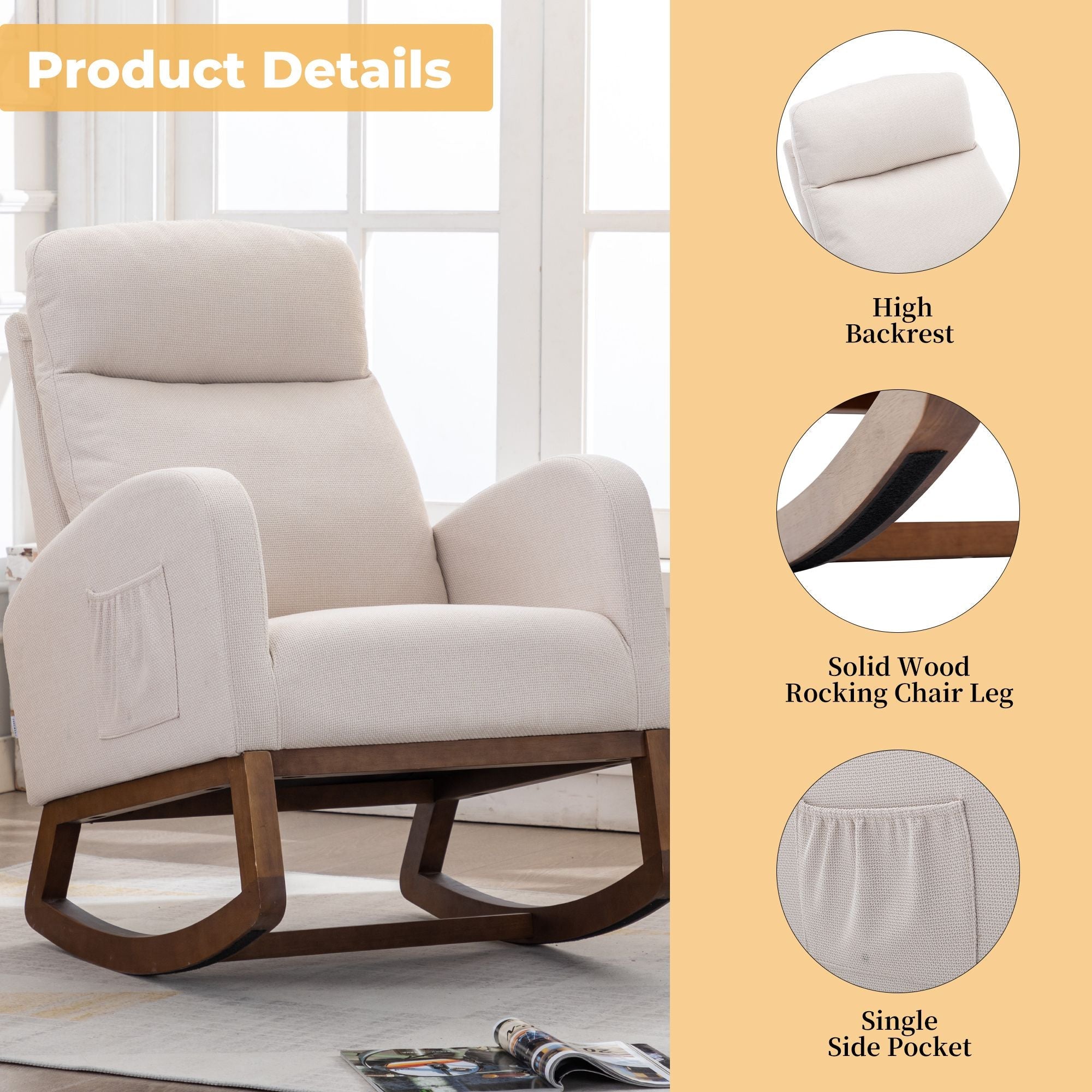 Beige COOLMORE Rocking Chair with high backrest, solid wood legs, and single side pocket, modern recliner armchair for living room or nursery