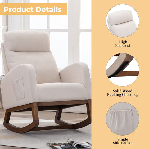 Beige COOLMORE Rocking Chair with high backrest, solid wood legs, and single side pocket, modern recliner armchair for living room or nursery