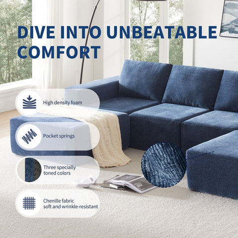 Navy blue luxury modular U-shape chenille sectional sofa with ottomans, high-density foam and pocket springs, soft wrinkle-resistant fabric, modern minimalist design seating six.