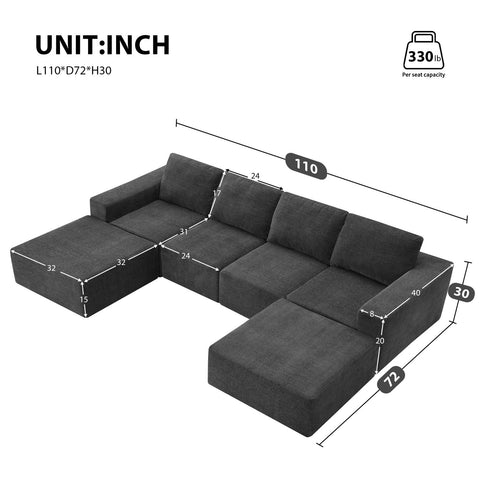 Luxury modular U-shaped sectional sofa in dark gray chenille fabric with ottomans, seating 6, no assembly required, dimensions 110x72x30 inches.