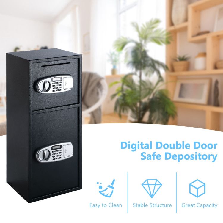 Black digital safe box with two lockable doors and keypad, designed for secure storage with emergency keys and durable steel construction.