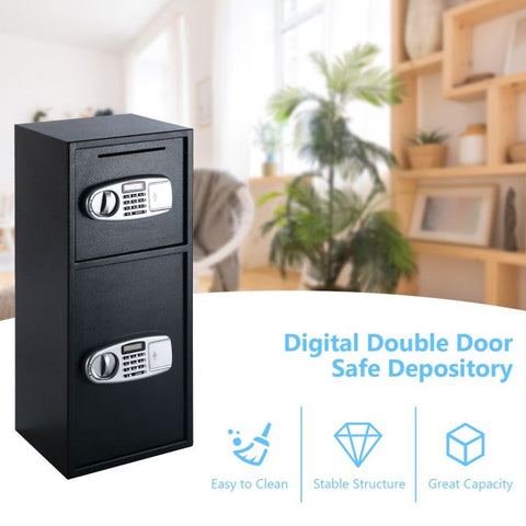 Black digital safe box with two lockable doors and keypad, designed for secure storage with emergency keys and durable steel construction.